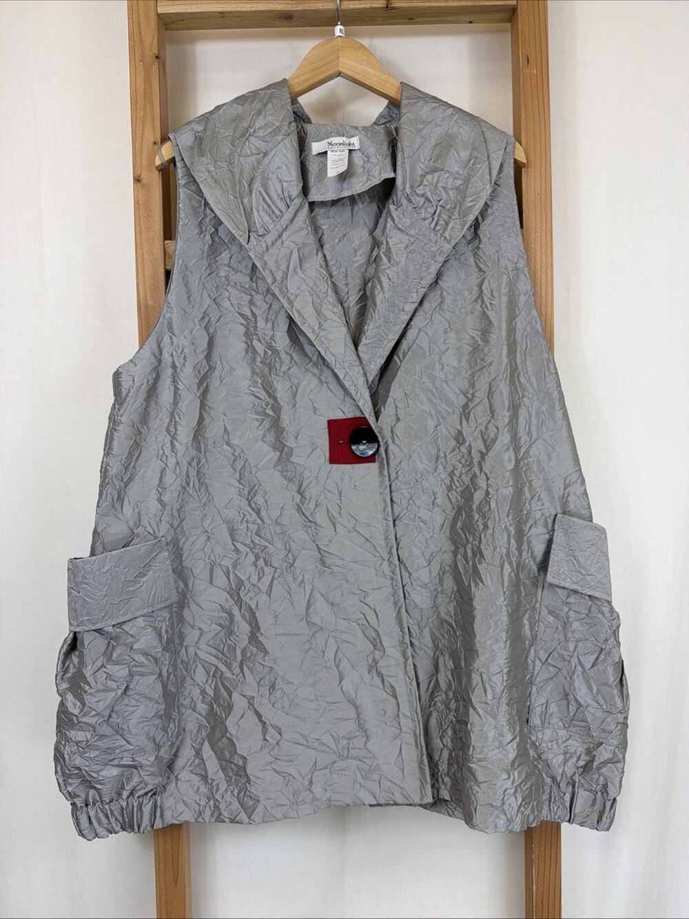 NWT Moonlight Gray Pockets 1 Button Closure Crinkle Long Vest #1424 Size XL